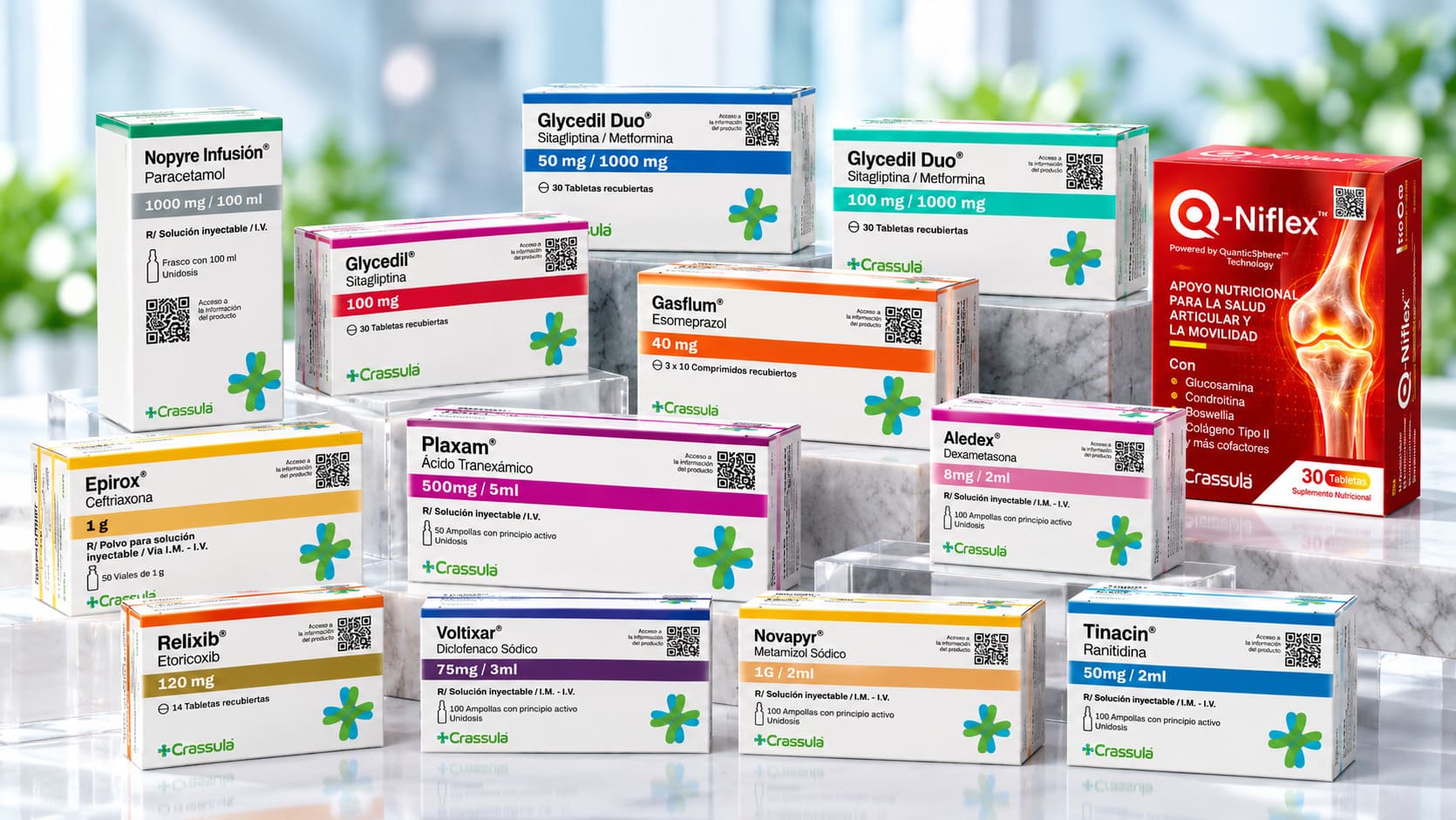 Expositor farmaceutico Crassula sobre marmol blanco